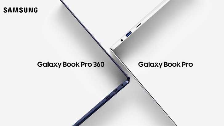 Notebooks Samsung da linha Galaxy Book Pro vistos de lado em fundo branco