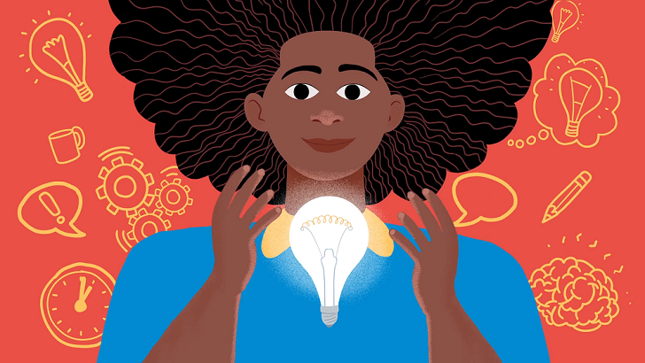 Ilustração de um jovem vestindo uma camisa azul em fundo vermelho e uma lâmpada entre as mãos