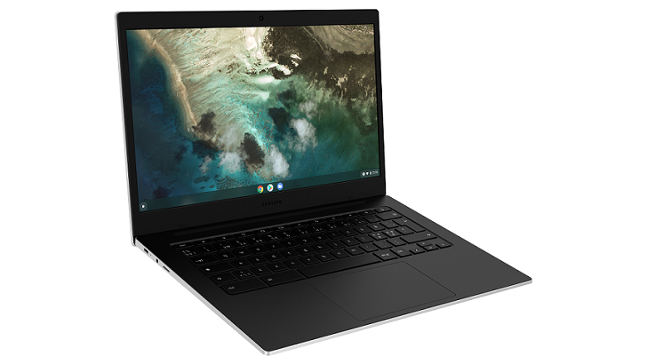 Samsung Galaxy Chromebook Go aberto visto de lado