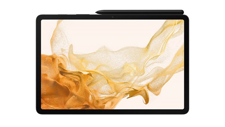 Samsung Galaxy Tab S8 visto de frente com S Pen em fundo branco