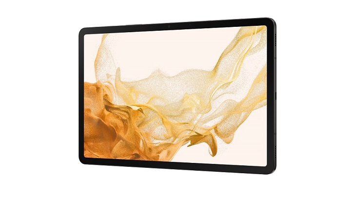 Tablet Samsung Galaxy Tab S8 visto de lado em fundo branco