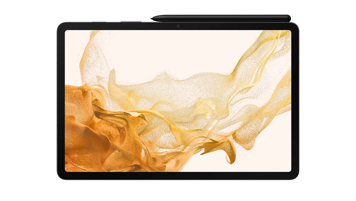 Galaxy Tab S8 5G em fundo branco visto de frente com a S Pen em cima