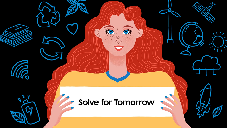 Ilustração de jovem ruiva segurando uma placa escrito Solve For Tomorrow