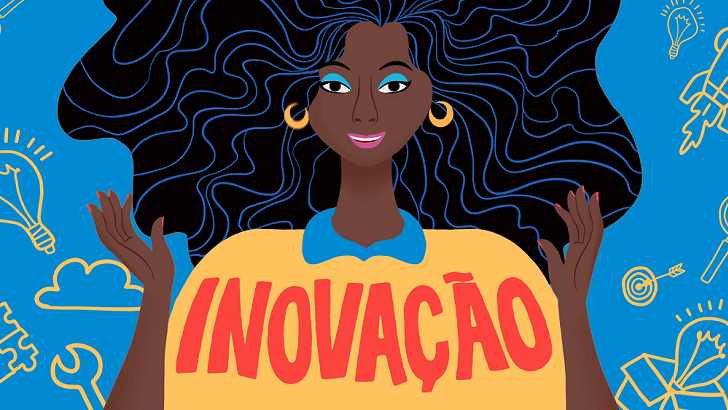 Ilustração de uma menina negra em fundo azul com a palavra inovação em destaque