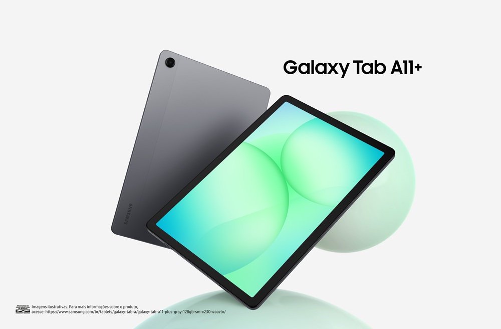 Imagem de divulgação do Galaxy Tab A11+ mostrando a frente e a traseira do modelo em um fundo cinza claro.