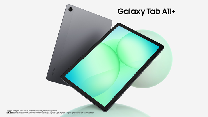 Imagem com fundo neutro em cinza claro mostra a frente e a traseira do Galaxy Tab A11+, novo tablet da Samsung