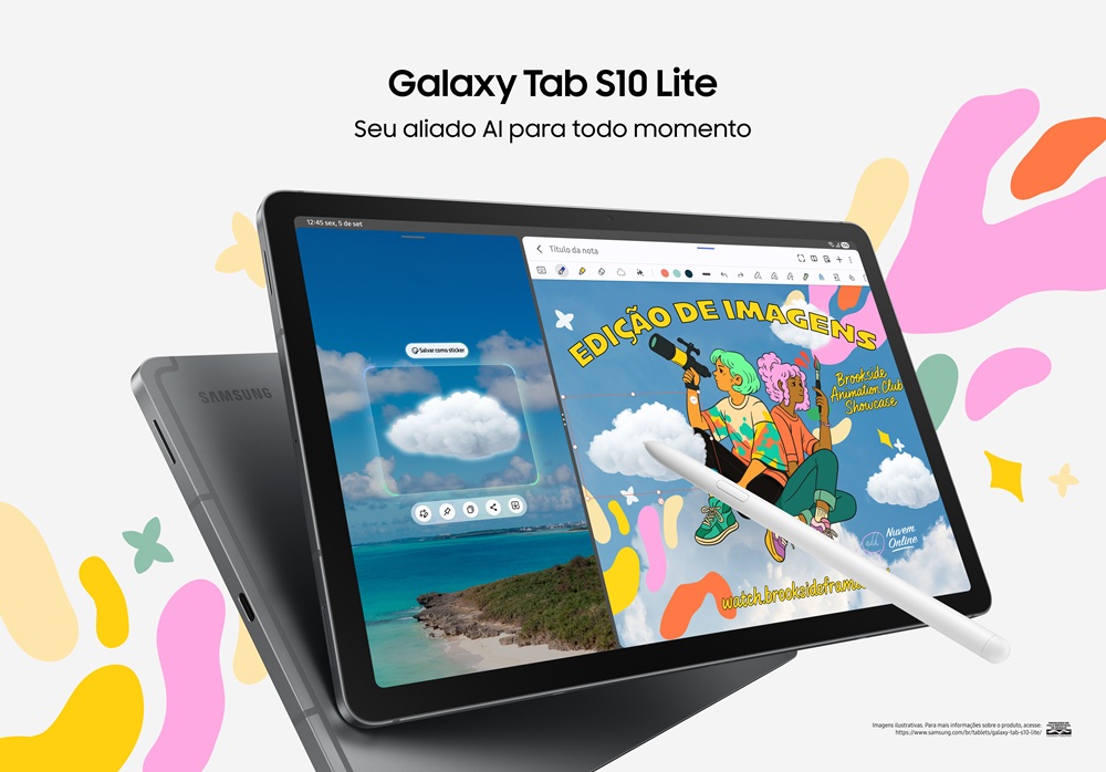 Imagem de divulgação do Galaxy Tab S10 Lite com a S Pen frente à tela destacando a edição de imagens; o modelo aparece em fundo neutro com elementos coloridos