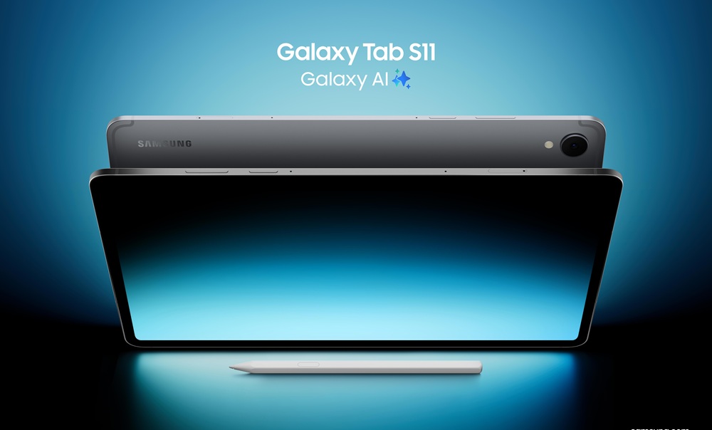 Imagem de divulgação do Galaxy Tab S11 em fundo azul escuro com a S Pen frente à tela