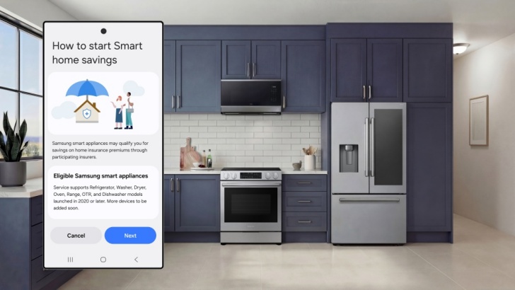 Casa inteligente Samsung com sensores conectados ao SmartThings detectando possíveis riscos como vazamento de água e segurança residencial