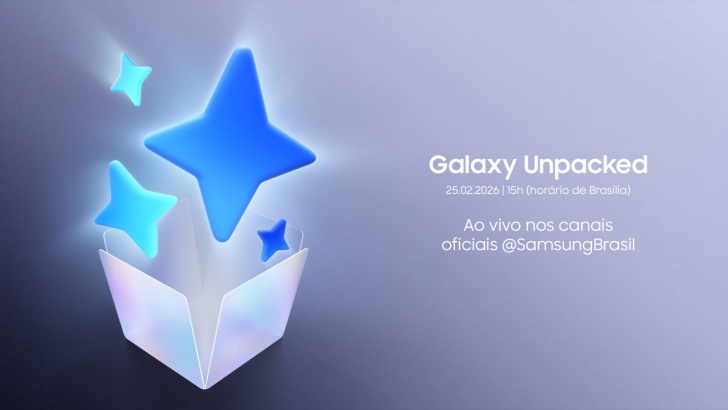 A imagem mostra o convite da Samsung para mais uma edição do Galaxy Unpacked. Uma caixa branca aberta com várias estrelas brilhantes na cor azul saindo.