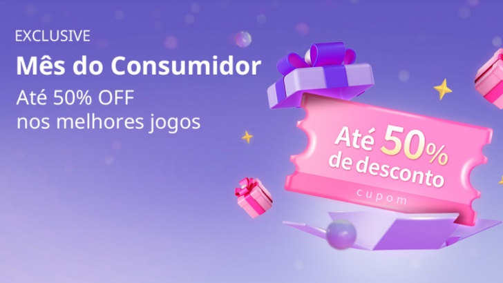 A imagem mostra uma ação promocional da Galaxy Store para o Mês do Consumidor, em que o usuário ganha um cupom de até 50% de desconto para usar em jogos selecionados na Galaxy Store da Samsung.