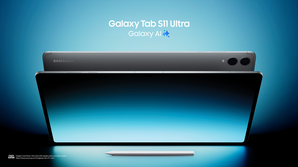Imagem de divulgação do Tablet Galaxy Tab S11 Ultra, da Samsung, em fundo azul com a S Pen.