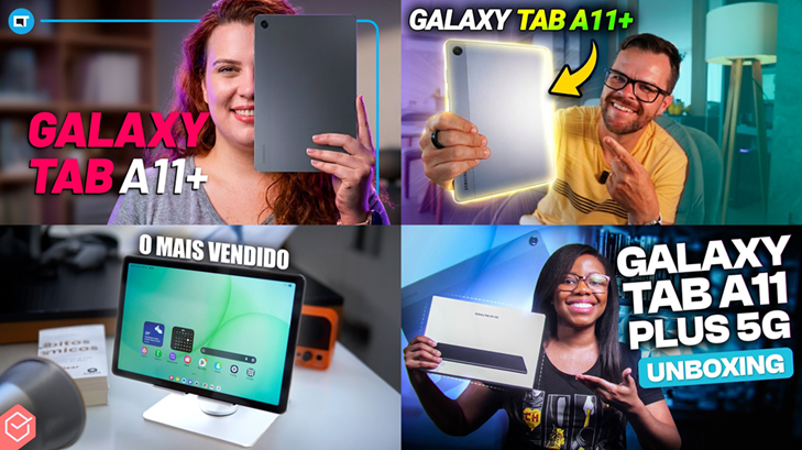 Mosaico com fotos de jornalistas e criadores de conteúdo apresentando o Galaxy Tab A11+ em seus canais.