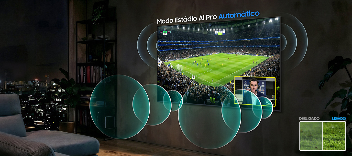 Interface do Modo Estádio em TV Samsung com recursos de visualização aprimorada para esportes.