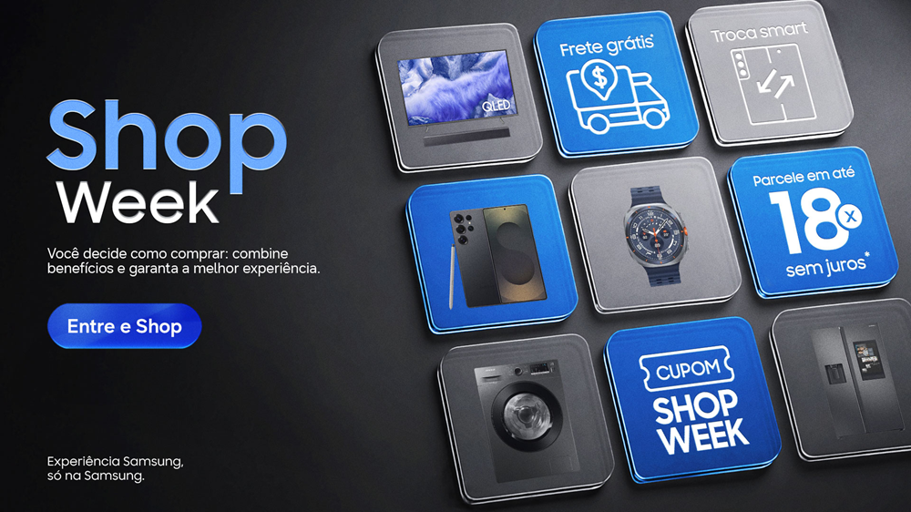 Imagem promocional da ação Shop Week da Samsung, apresentando produtos da marca em fundo preto e azul