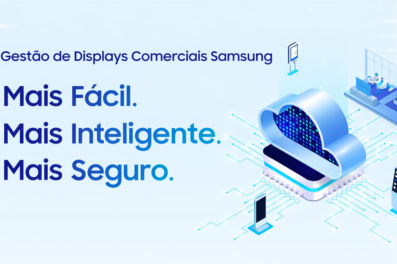 Infográfico Samsung mostrando gestão de displays comerciais com VXT e LYNK Cloud 4 em plataforma baseada em nuvem