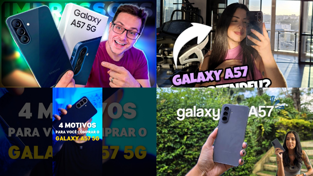 A imagem mostra a thumb de vídeos de quatro youtubers falando sobre primeiras impressões do Galaxy A57 5G. (Da esquerda para a direita) O primeiro é o youtube Felipe Becker, a segunda é Kah Nogueira, o terceiro é Rodrigo Toledo e a quarta é Joy Macedo.