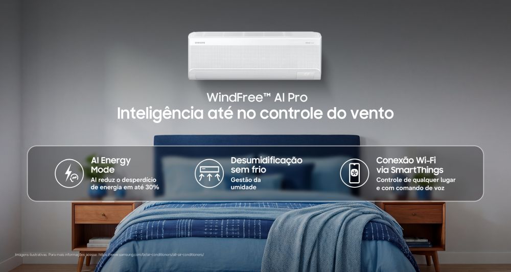Ar-condicionado Samsung WindFree AI instalado em sala moderna, destacando design minimalista e integração com ambientes residenciais.