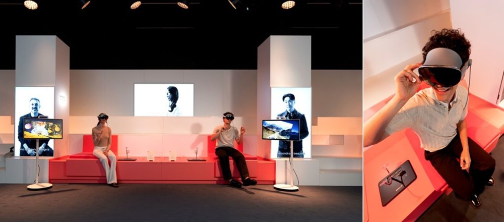 A imagem mostra duas fotos da exposição 'Design is an act os Love" com foco na zona XR Experience, impulsionada por Android XR com destaque para o Galaxy XR.