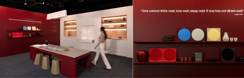 A imagem mostra os cenários da exposição 'Design is an act os Love" nas zonas Wearable Intelligence e Culinary Intelligence.