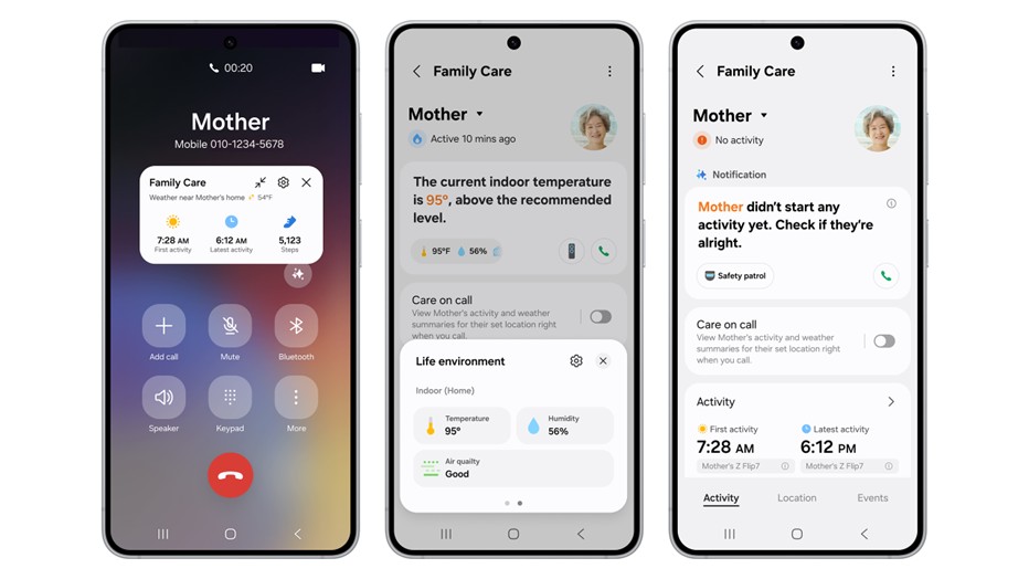 Tela do aplicativo SmartThings exibindo o recurso Family Care com notificações de inatividade, clima e rotina diária de idosos conectados, permitindo acompanhamento remoto em tempo real.