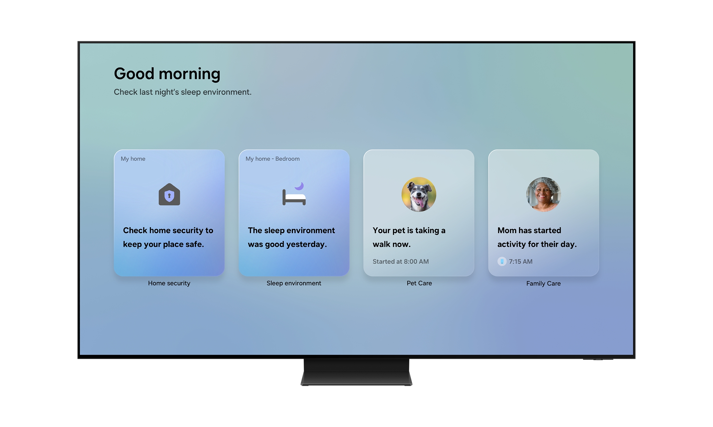 Interface SmartThings na TV mostrando painel integrado de casa inteligente com insights de segurança, bem-estar e rotina