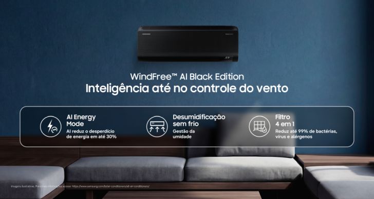 A imagem mostra um WindFree AI Black em uma parede verde perto de um sofá cinza