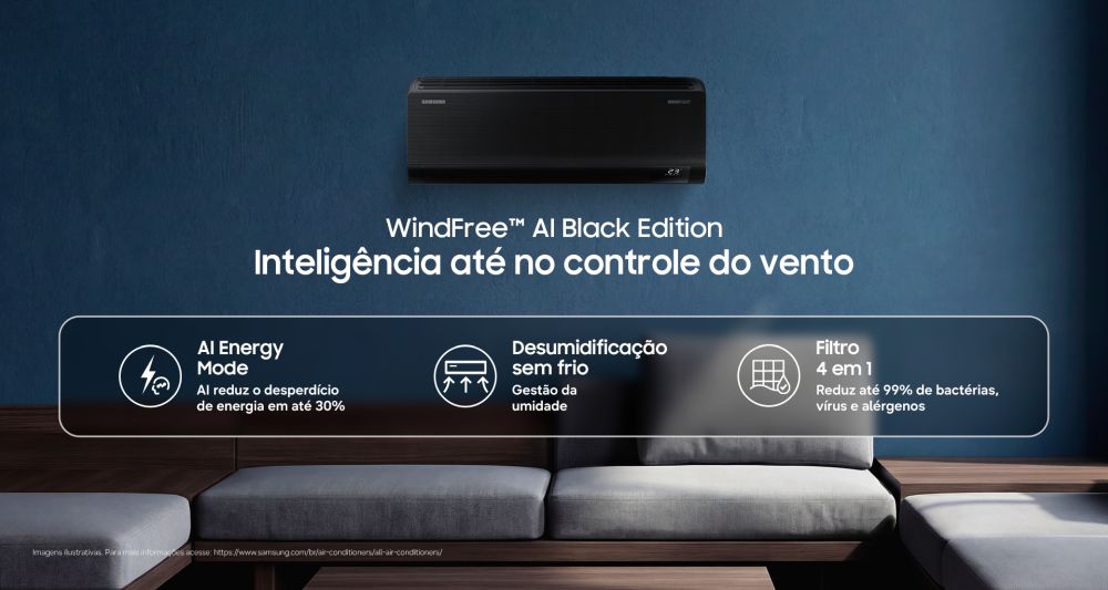 A imagem mostra um WindFree AI Black em uma parede verde perto de um sofá cinza