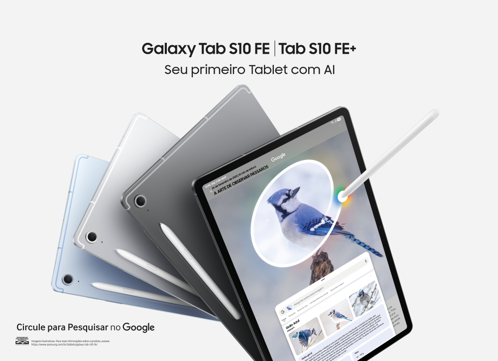 Imagem de divulgação mostra os tablets Galaxy Tab S10 FE e Galaxy Tab S10 FE+, da Samsung, em fundo claro, junto á S Pen.
