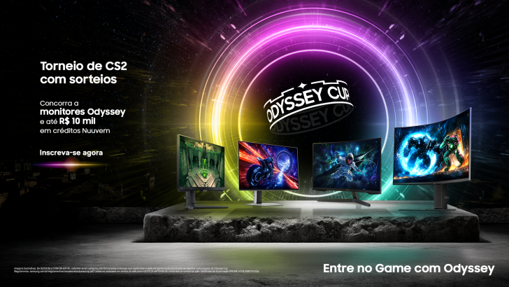 A imagem mostra o logo da Odyssey Cup, monitores Odyssey da Samsung e dizeres sobre sorteios que vão ocorrer no campeonato