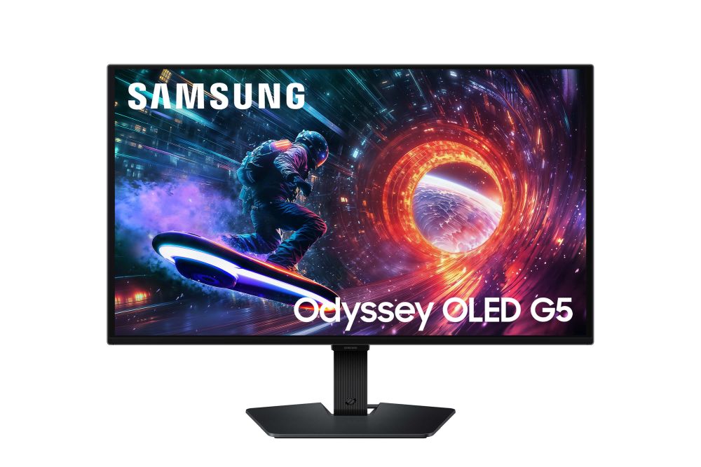 A imagem mostra o monitor Odyssey OLED G5 da Samsung