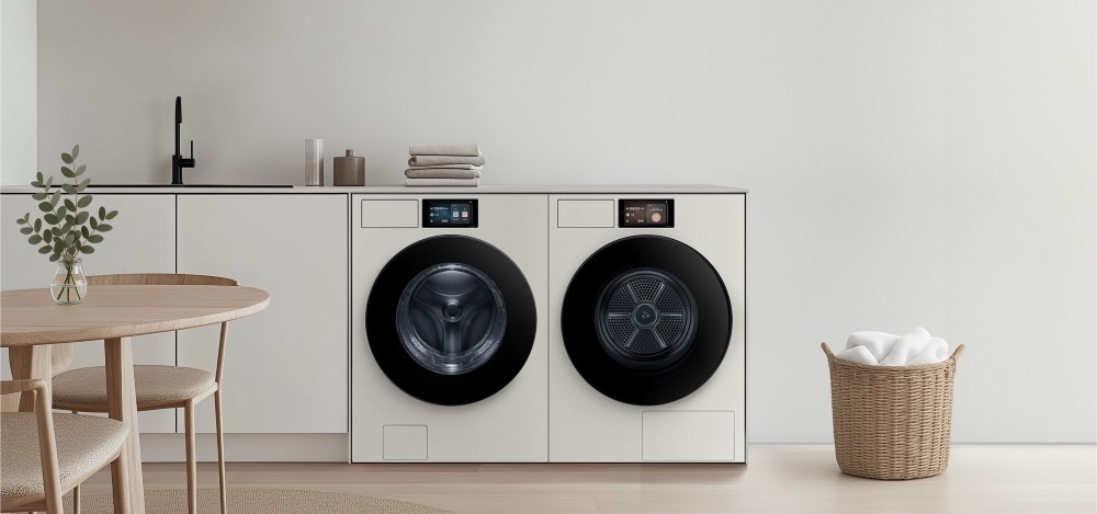 Eletrodomésticos Bespoke AI Laundry da Samsung instalados em uma lavanderia