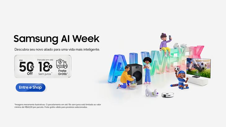 Imagem de divulgação da campanha Samsung AI Week 2026 com ilustrações dos produtos da marca em fundo claro.