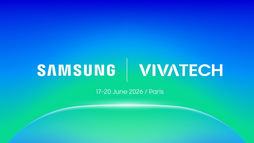 Imagem de divulgação com logo da Samsung e VivaTech em fundo azul turquesa e verde.