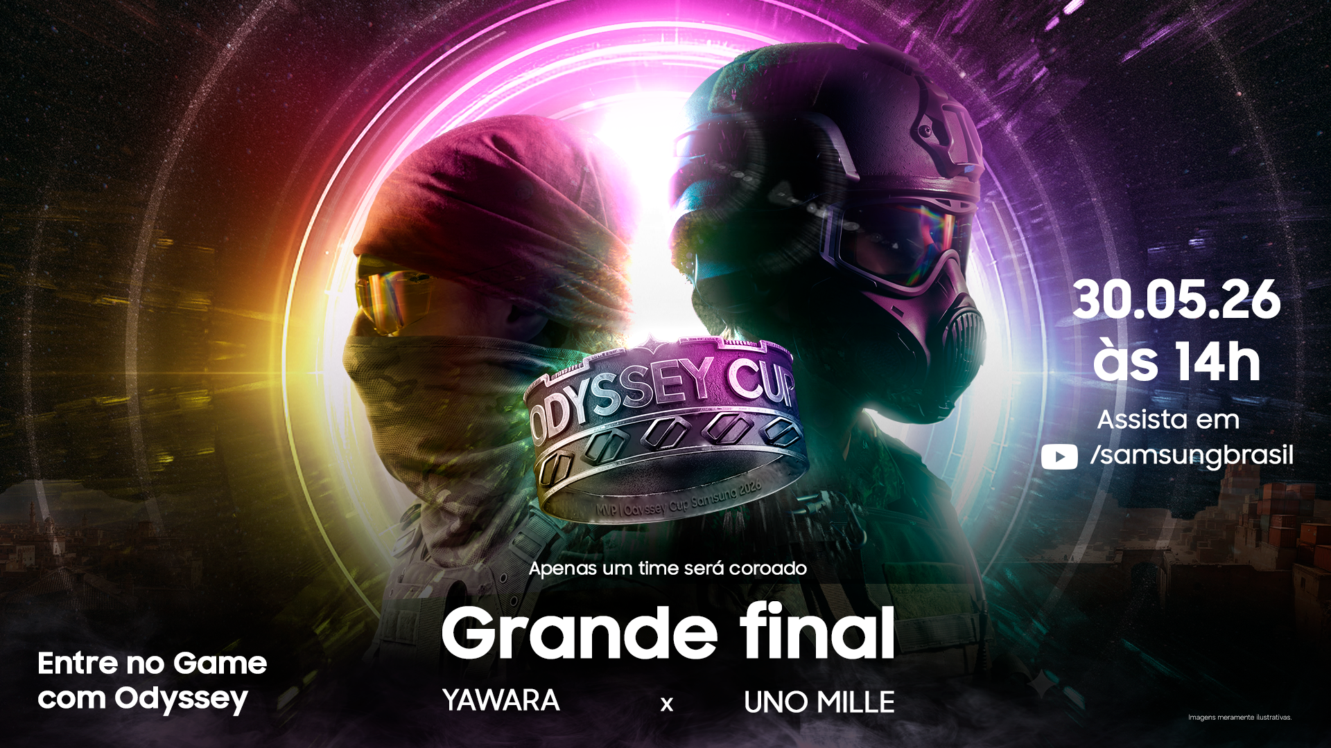 Imagem mostra dois jogadores de Counter-Strike, um de costas para o outro, e a coroa da Odyssey Cup à frente deles. O texto logo abaixo da coroa mostra que os times Yawara e Uno Mille vão disputar a final da Odyssey Cup