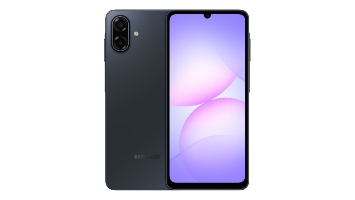 A imagem mostra um celular (Galaxy A07 5G) em duas versões: da parte traseira, na cor preta, e na parte da frente. A tela está ligada e mostra um fundo com cores claras em lilás e violeta.