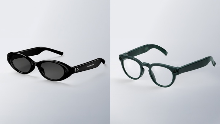 A imagem mostra dois modelos de óculos: o da esquerda é um óculos escuros, menor, da marca Gentle Monster; o da direita tem um formato redondo, ligeiramente maior, e parece ser de grau, da marca Warby Parker. Os dois óculos estão em um fundo acinzentado.