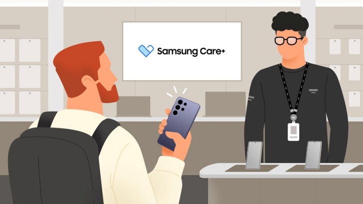 A ilustração de um homem levando seu celular Samsung Galaxy S26 em uma assistência técnica da Samsung. Além dele, um assistente da loja é visto e, ao fundo, uma tela com a frase Samsung Care+.
