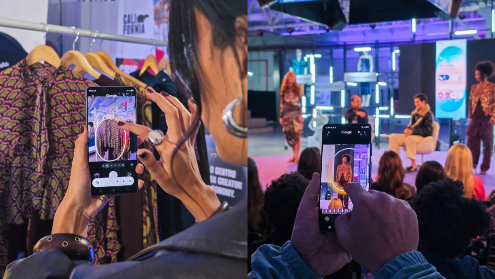 Montagem com duas fotografias do Galaxy S26 Ultra durante o Galaxy S26 Ultra Fashion Show. À esquerda, uma pessoa segura o smartphone diante de uma arara de roupas estampadas e utiliza o recurso Circule para Pesquisar no Google para destacar uma peça exibida na tela. À direita, outra pessoa usa o smartphone na plateia enquanto aponta para a imagem de um modelo na passarela, utilizando o mesmo recurso para pesquisar um look apresentado durante o desfile.