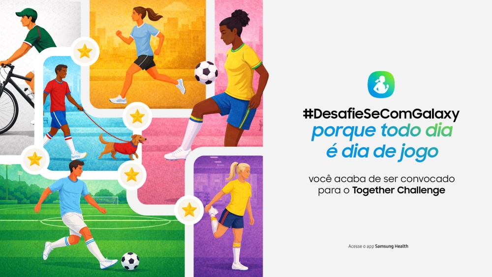 lustração da campanha #DesafieSeComGalaxy da Samsung. A imagem mostra diferentes pessoas praticando atividades físicas, como caminhada, corrida, ciclismo, futebol e alongamento, conectadas por um caminho com estrelas que remete à progressão em um jogo. À direita, o texto destaca a campanha "Porque todo dia é dia de jogo" e convida os usuários a participarem do Together Challenge no Samsung Health, com benefícios como descontos, sorteios de prêmios e experiências exclusivas.