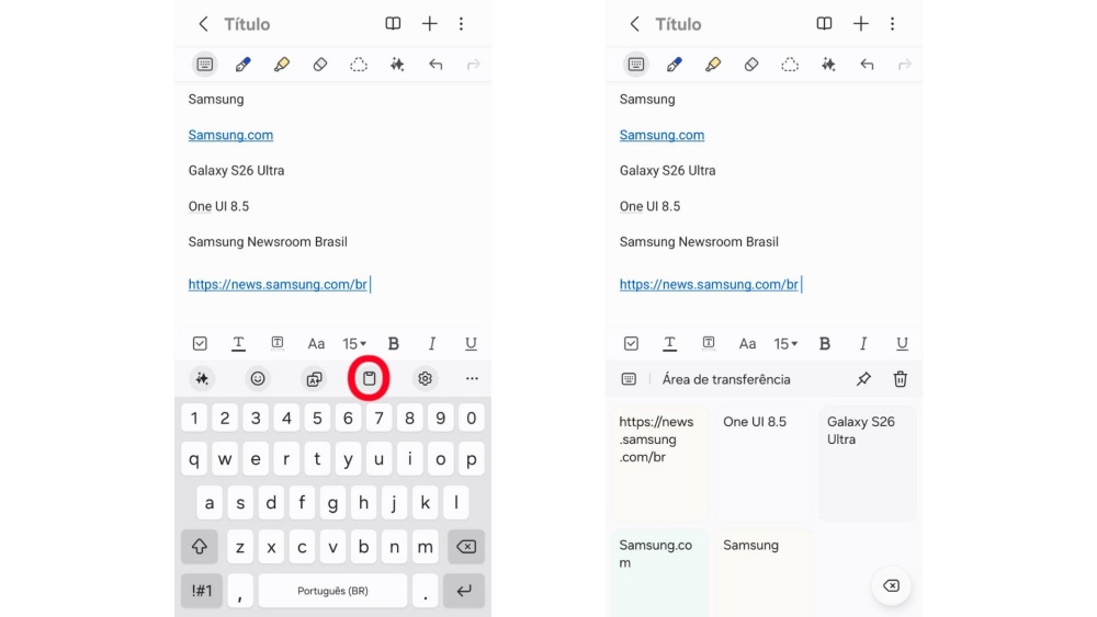Área de Transferência no teclado Samsung do Samsung Galaxy S26 Ultra