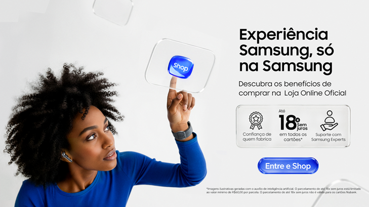 Imagem de divulgação da Campanha 'Experiência Samsung, só na Samsung' mostra uma mulher de azul em fundo neutro apertando um botão azul com a palavra 'Shop'.