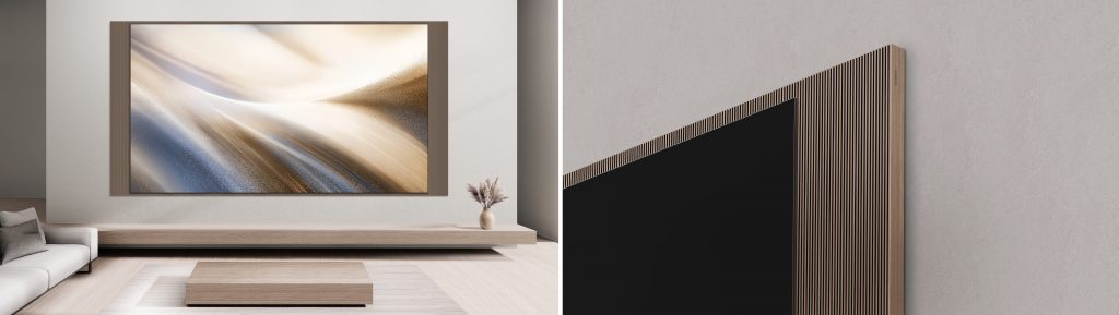 Instalada em uma sala de estar contemporânea, a Micro RGB TV se integra ao ambiente por meio de um design elegante e acabamento sofisticado. A tela exibe uma obra de arte digital, destacando a proposta da Samsung de unir tecnologia avançada e estética para compor espaços residenciais premium.
