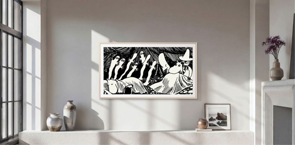 The Frame Pro, da Samsung, em parede cinza exibe obra de Tove Jansson