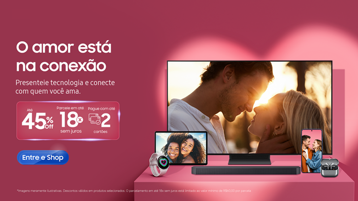 Imagem com fundo roxo mostra TV, tablet, smartphone e wearables da Samsung, destacando as ofertas da ação promocional de Dia dos Namorados 2026.