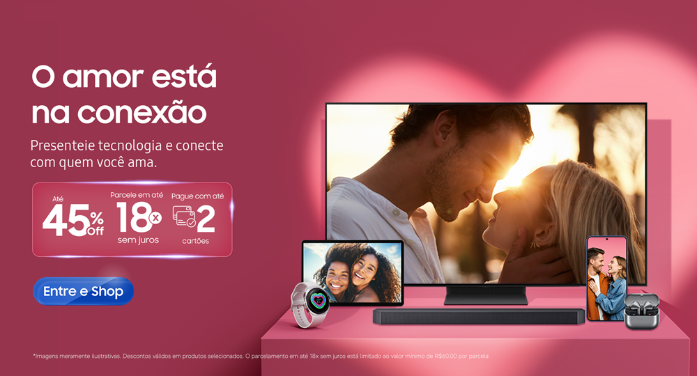 Imagem com fundo roxo mostra TV, tablet, smartphone e wearables da Samsung, destacando as ofertas da ação promocional de Dia dos Namorados 2026.