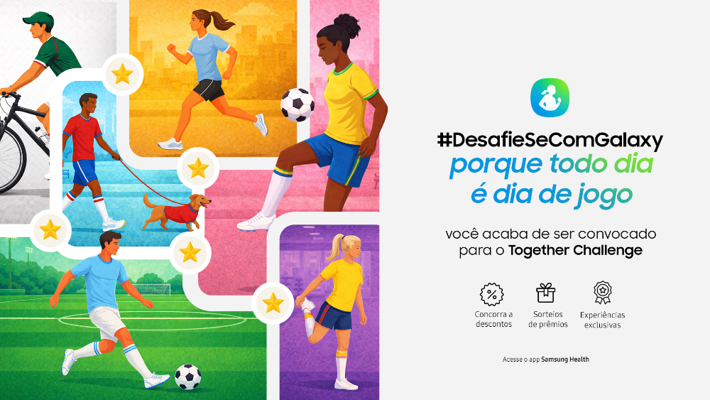 lustração da campanha #DesafieSeComGalaxy da Samsung. A imagem mostra diferentes pessoas praticando atividades físicas, como caminhada, corrida, ciclismo, futebol e alongamento, conectadas por um caminho com estrelas que remete à progressão em um jogo. À direita, o texto destaca a campanha "Porque todo dia é dia de jogo" e convida os usuários a participarem do Together Challenge no Samsung Health, com benefícios como descontos, sorteios de prêmios e experiências exclusivas.