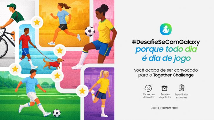 lustração da campanha #DesafieSeComGalaxy da Samsung. A imagem mostra diferentes pessoas praticando atividades físicas, como caminhada, corrida, ciclismo, futebol e alongamento, conectadas por um caminho com estrelas que remete à progressão em um jogo. À direita, o texto destaca a campanha "Porque todo dia é dia de jogo" e convida os usuários a participarem do Together Challenge no Samsung Health, com benefícios como descontos, sorteios de prêmios e experiências exclusivas.