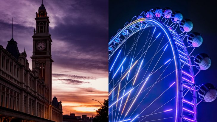 Montagem com duas fotografias de Jorge Sato lado a lado: à esquerda, a Estação da Luz ao pôr do sol, com a torre do relógio em destaque sob um céu em tons de roxo e laranja; à direita, uma a Roda-Gigante Galaxy iluminada por luzes azuis e roxas contra o céu noturno.