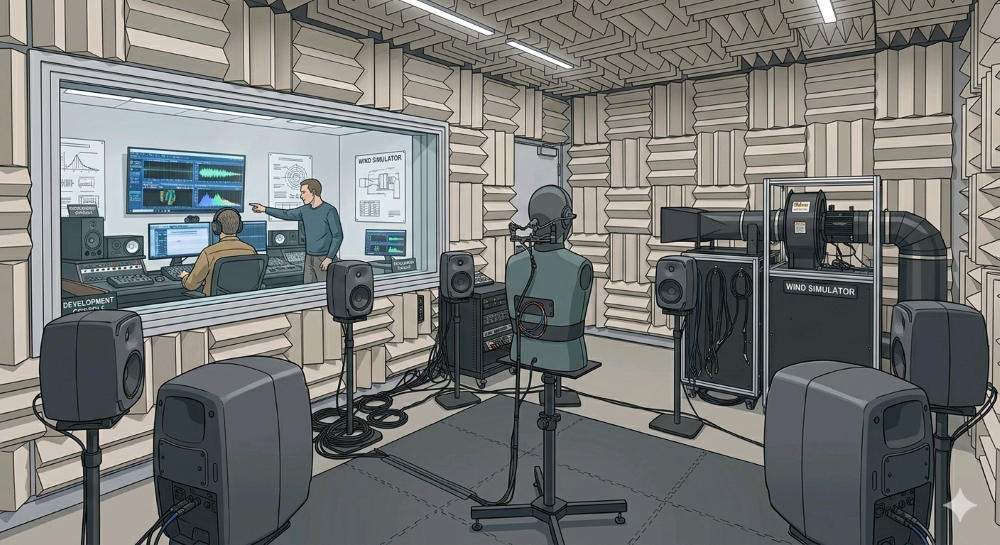 Imagem gerada por inteligência artificial retrata uma câmara acústica de testes com painéis de absorção sonora, alto-falantes, simulador de vento e um manequim para medições de áudio, enquanto pesquisadores monitoram os resultados em uma sala de controle adjacente.